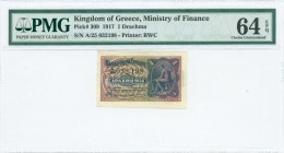 GREECE: 1 Drachma (ND 1922) in dark blue on multicolor unpt with God Hermes at right. S/N: "A/25 032198". Printed by BWC. Inside holder by PMG "Choice...