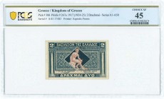 GREECE: 2 Drachmas (ND 1922) in dark blue and light blue with Hermes seated at center. S/N: "A/43 37483". Printed by Aspiotis. Inside holder by PCGS "...