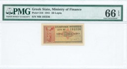 GREECE: 50 Lepta (18.6.1941) in red and black on light brown unpt with statue of Nike of Samothrace at left. S/N: "MB 193336". Printed by Aspiotis-ELK...