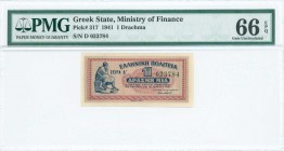 GREECE: 1 Drachma (18.6.1941) in red and blue on gray underprint with seated Aristippos from Kyrini at left. S/N: "Δ 033784". Printed by Aspiotis-ELKA...