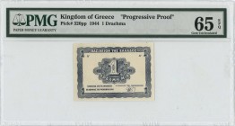 GREECE: Color proof of face of 1 Drachma (9.11.1944) in blue with value at center. Printed in Athens. Inside holder by PMG "Gem Uncirculated 65 - EPQ"...