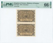 GREECE: Uncut pair of 5 Drachmas (15.1.1945) in brown on yellow-orange unpt with value at center. Printed in Athens. Inside holder by PMG "Gem Uncircu...