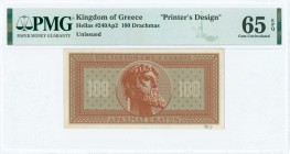 GREECE: Non-adopted printers design of 100 Drachmas (ND) in dark red on blue unpt for the 1950 Series of Kingdom of Greece with God Poseidon at center...