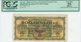 GREECE: 200 million Drachmas (29.9.1944) with black ovpt and red German stamping on back of 5000 Drachmas (Hellas #147a) with prefix S/N, provisional ...
