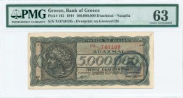 GREECE: 100 million Drachmas (19.9.1944) with red ovpt on back of 5 million Drachmas (Hellas #153) banknote, provisional treasury note issued by Bank ...