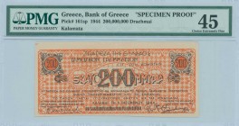 GREECE: Remainder of 200 million Drachmas (5.10.1944) Kalamatas treasury note (B issue) in orange, issued by the Bank of Greece, Kalamatas branch. Nei...