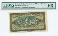 GREECE: 5 Okas (5.6.1944) in black on green and yellow unpt with partisan standing between a village on fire and harvesting scene at center. Stamped S...