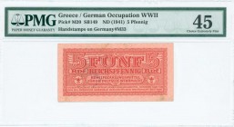 GREECE: 5 Reichpfennig (ND 1944) in dark red with eagle with small swastika in unpt at center. Wermacht notes of German armed forces handstamped in Th...