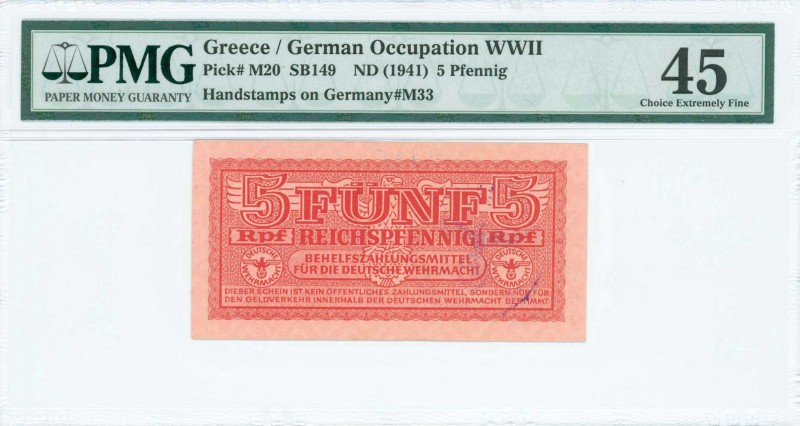 GREECE: 5 Reichpfennig (ND 1944) in dark red with eagle with small swastika in u...