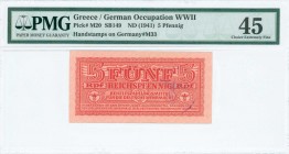 GREECE: 5 Reichpfennig (ND 1944) in dark red with eagle with small swastika in unpt at center. Wermacht notes of German armed forces handstamped in Th...