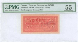 GREECE: 5 Reichpfennig (ND 1944) in dark red with eagle with small swastika in unpt at center. Wermacht notes of German armed forces handstamped in Th...