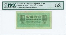 GREECE: 10 Reichpfennig (ND 1944) in light green with eagle with small swastika in unpt at center. Wermacht notes of German armed forces handstamped i...