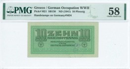 GREECE: 10 Reichpfennig (ND 1944) in light green with eagle with small swastika in unpt at center. Wermacht notes of German armed forces handstamped i...