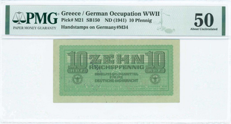 GREECE: 10 Reichpfennig (ND 1944) in light green with eagle with small swastika ...