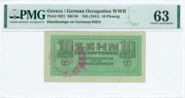 GREECE: 10 Reichpfennig (ND 1944) in light green with eagle with small swastika in unpt at center. Wermacht notes of German armed forces handstamped i...