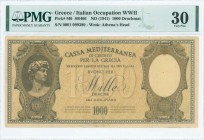 GREECE: 1000 Drachmas (ND 1941) in dark brown on light brown unpt with David of Michael Angelo at left. S/N: "0001 099380". WMK: Goddess Athena and cu...