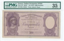 GREECE: 5000 Drachmas (ND 1941) in lilac on light violet unpt with David of Michael Angelo at left. S/N: "0001 103037". WMK: Goddess Athena and curved...