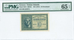 GREECE: 10 Drachmas (ND 1942) in dark green on light green unpt with Alexander the Great at left. S/N: "002 022974". Printed in Italy. Inside holder b...