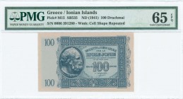 GREECE: 100 Drachmas (ND 1942) in dark blue on light blue with archaic head at left. S/N: "0006 391280". WMK: Cell shape pattern. Printed in Italy. In...