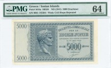 GREECE: 5000 Drachmas (ND 1942) in dark blue on light blue unpt with Augustus Ceasar head at left. S/N: "0001 145504". WMK: Cell shape pattern. Printe...