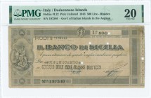 GREECE: 500 Lire (11.11.1943) (type II) in gray, bank check issued in Dodecanese islands by Banco di Sicilia due to lack of banknotes because of the W...