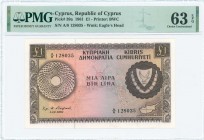 GREECE: 1 Pound (1.12.1961) in brown on multicolor with Arms at right and map of Cyprus at lower right. S/N: "A/8 128035". WMK: Eagles head. Printed b...