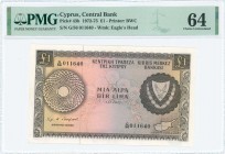 GREECE: 1 Pound (1.11.1972) in brown on multicolor with Arms at right and map of Cyprus at lower right. S/N: "G/56 011640". WMK: Eagles head. Printed ...