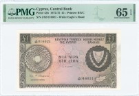 GREECE: 1 Pound (1.7.1975) in brown on multicolor with Arms at right and map of Cyprus at lower right. S/N: "J/82 016021". WMK: Eagles head. Printed b...
