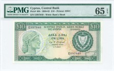GREECE: 10 Pounds (1.7.1980) in dark green and blue-black on multicolor unpt with archaic bust at left and Arms at right. S/N: "E 097840". WMK: Mouffl...