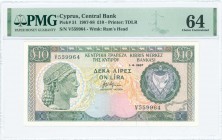 GREECE: 10 Pounds (1.4.1987) in dark green and blue-black on multicolor unpt with archaic bust at left and Arms at right. S/N: "V 559964". WMK: Mouffl...