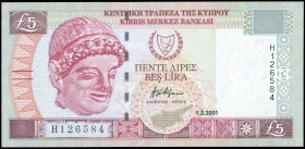 GREECE: 5 Pounds (1.2.2001) in purple and violet on multicolor unpt with archaic limestone head of young man at left. S/N: "H 126584". WMK: Bust of Ap...