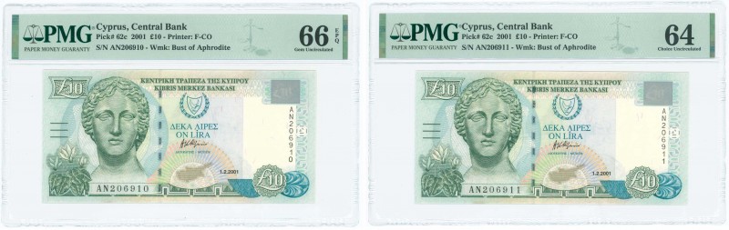 GREECE: 2x 10 Pounds (1.2.2001) in olive-green and blue-green on multicolor unpt...