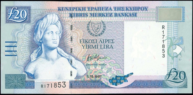 GREECE: 20 Pounds (1.10.1997) in deep blue on multicolor unpt with bust of Aphro...