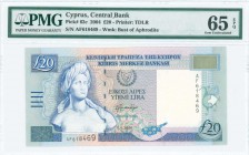 GREECE: 20 Pounds (1.4.2004) in deep blue on multicolor unpt with Bust of Aphrodite at left. S/N: "AF 618469". WMK: Bust of Aphrodite. Printed by TDLR...