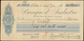 GREECE: "BANQUE D INDUSTRIE / ATHENES" cheque of 500000 Marks. S/N: "13642/5925". Issued in Athenes on 9.6.1923. Very Fine.