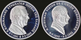 GREECE: Commemorative medal (1993) in silver (0.900) featuring 2 historical decisions for the future of Greece and Europe. Portrait of R.Schuman for t...
