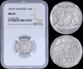 ALBANIA: 1/4 Leku (1927R) in nickel with lion advancing left. Oak branch above value on reverse. Inside slab by NGC "MS 65". (KM 3).