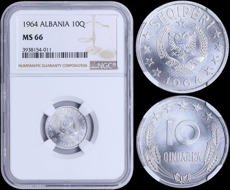 ALBANIA: 10 Qindarka (1964) in aluminium with national Arms between stars, date ...
