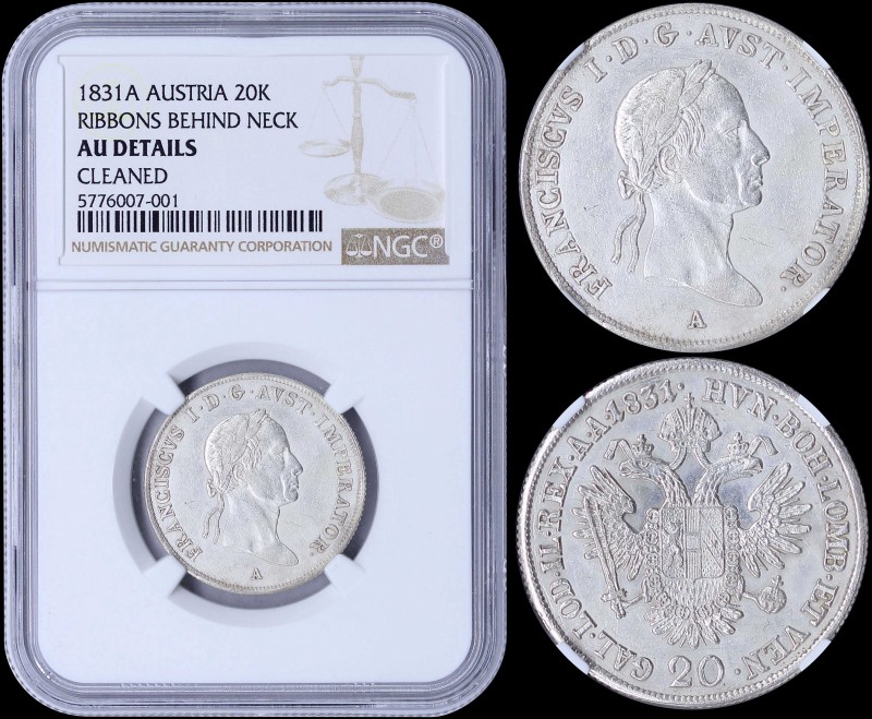 AUSTRIA: 20 Kreuzer (1831 A) in silver (0,583) with bust of Franz II with ribbon...
