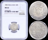 BULGARIA: 50 Stotinki (1883) in silver (0,835) with crowned and mantled Arms with supporters. Denomination within wreath on reverse. Inside slab by NG...