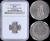 BULGARIA: 10 Stotinki (1913) in copper-nickel with crowned Arms within circle. Denomination above date within wreath on reverse. Inside slab by NGC "M...