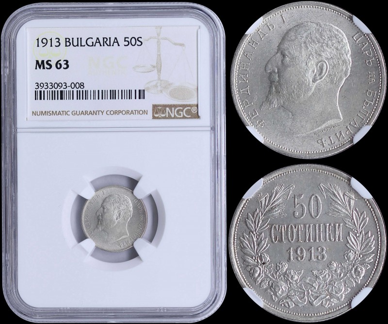 BULGARIA: 50 stotinki (1913) in silver (0,835) with head of Ferdinand I facing l...