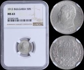 BULGARIA: 50 stotinki (1913) in silver (0,835) with head of Ferdinand I facing left. Denomination above date within wreath on reverse. Inside slab by ...