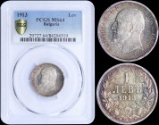 BULGARIA: 1 Lev (1913) in silver (0,835) with head of Ferdinand I facing left. Denomination above date within wreath on reverse. Inside slab by PCGS "...