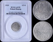 DANZIG: 1/2 Gulden (1923) in silver (0,750) with date divided by shielded Arms, denomination above. Ship at sea on reverse. Inside slab by PCGS "AU 55...