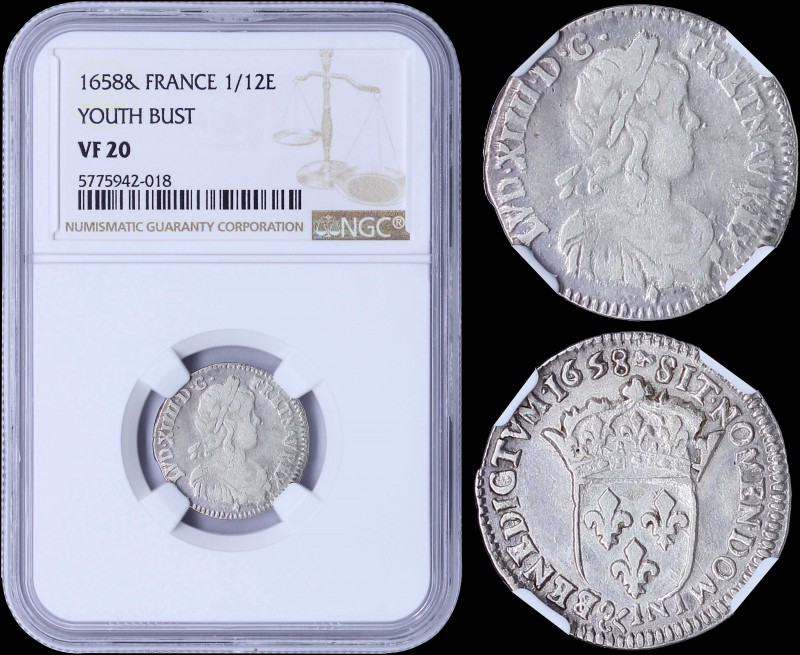 FRANCE: 1/12 Ecu (10 Sols) (1658 &) in silver (0,917) with youth bust of Louis X...