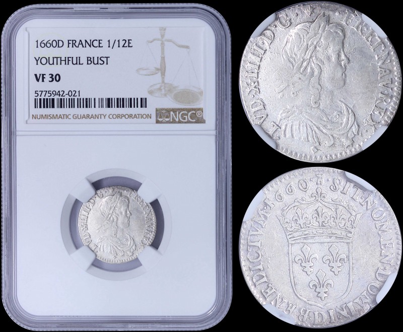 FRANCE: 1/12 Ecu (10 Sols) (1660 D) in silver (0,917) with youthful bust of Loui...
