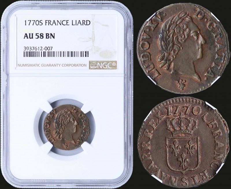 FRANCE: 1 Liard (1770 S) in copper with head of Louis XV facing right. Crowned s...