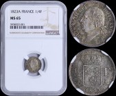 FRANCE: 1/4 Franc (1823 A) in silver (0,900) with head of Louis XVIII facing left. Crowned Arms divide denomination on reverse. Mint: Paris. Inside sl...