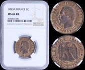 FRANCE: 5 Centimes (1853 A) in bronze with head of Napoleon III facing left. Eagle on reverse. Mint: Paris. Inside slab by NGC "MS 64 RB". (KM 777.1).
